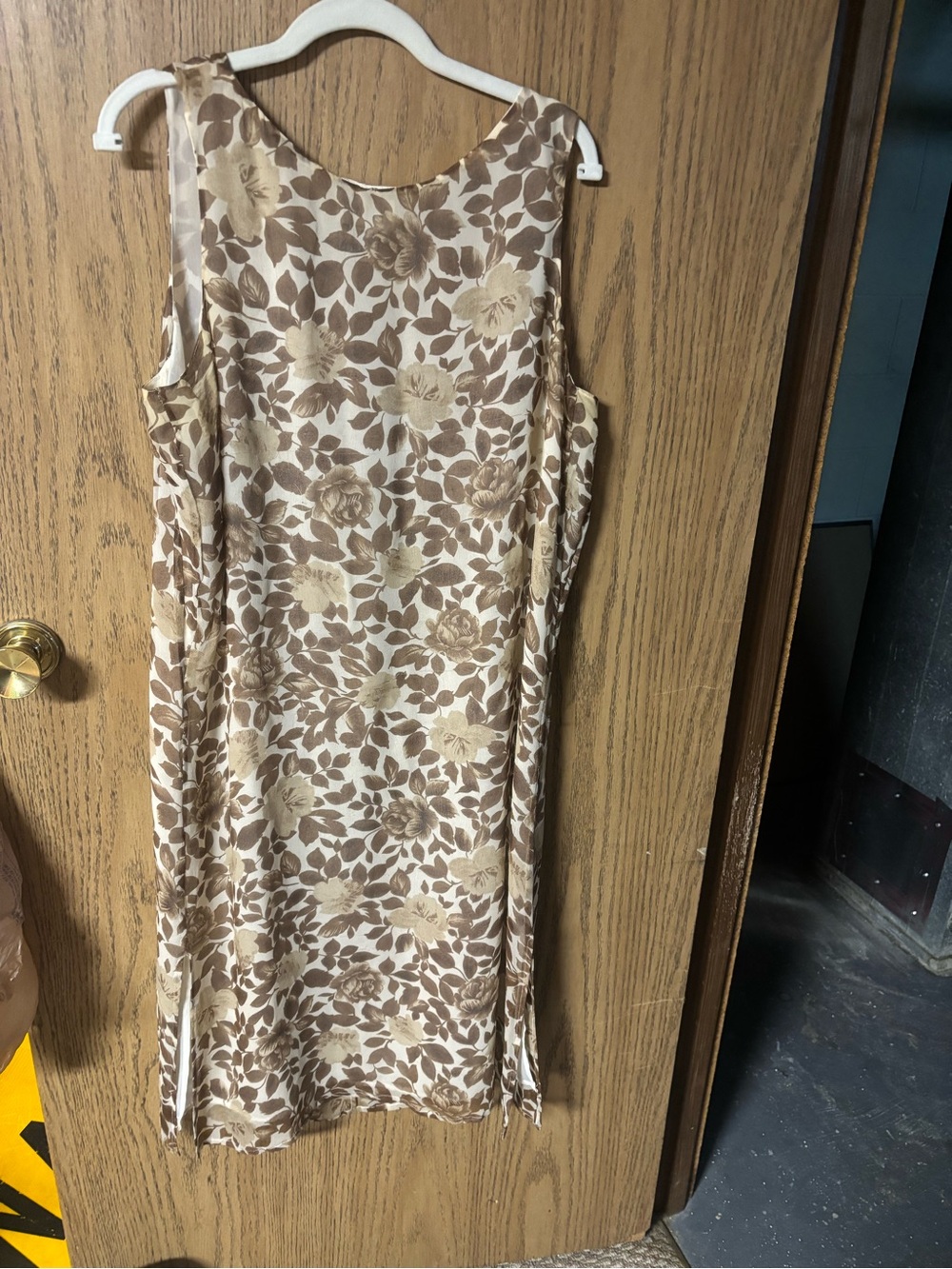 Vintage 90s Silk Finity Floral Midi Dress in Beige and Brown